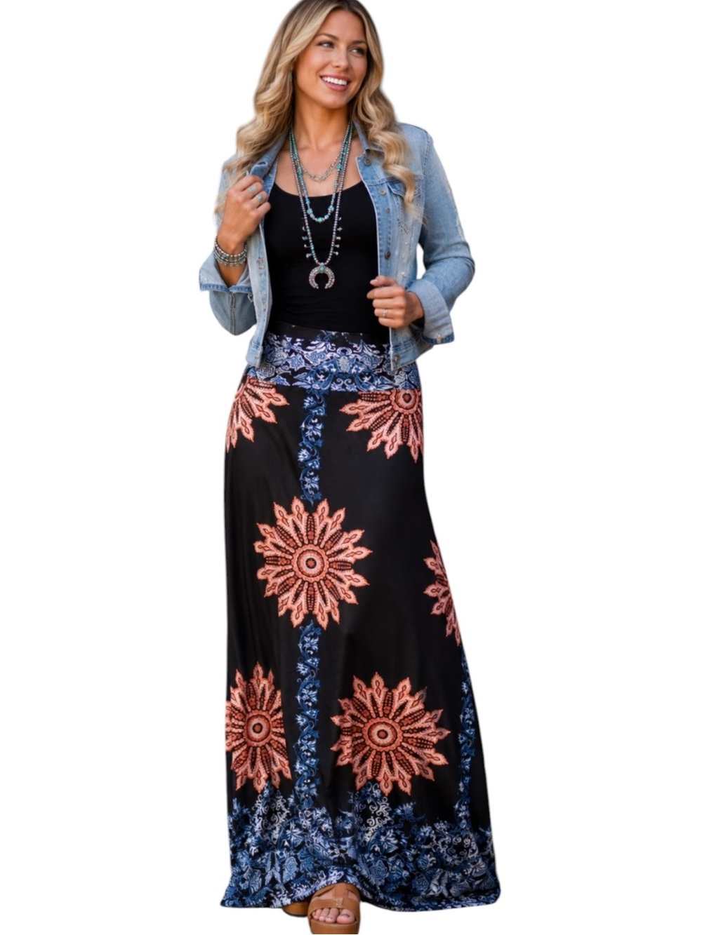 Boho Floral Black Maxi Skirt with Coral Sunburst Print Sz M EUC